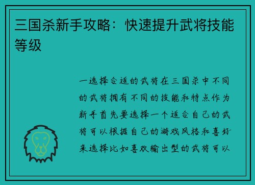 三国杀新手攻略：快速提升武将技能等级